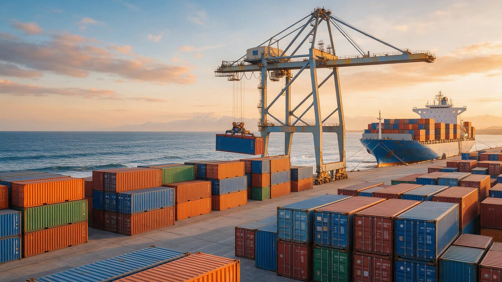 Puerto de exportación chileno con contenedores y grúas al atardecer