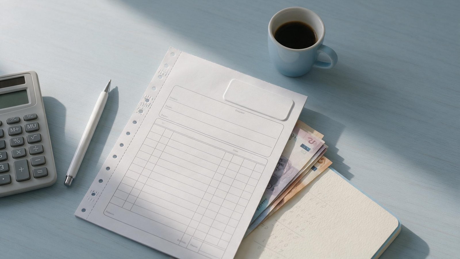 Boleta, calculadora y cuaderno con cuentas sobre un escritorio