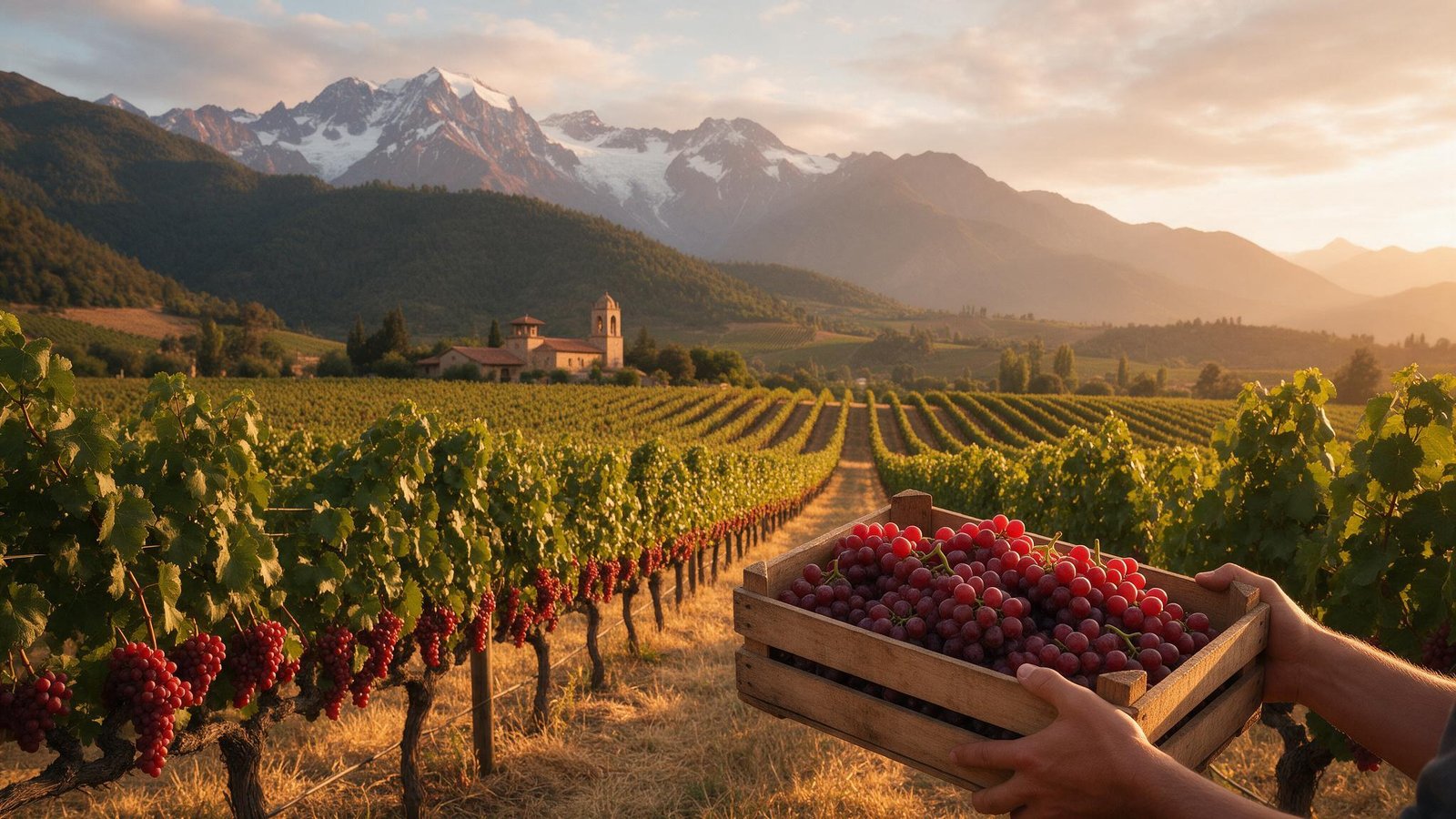 Viñedo chileno con uvas maduras y la cordillera de fondo